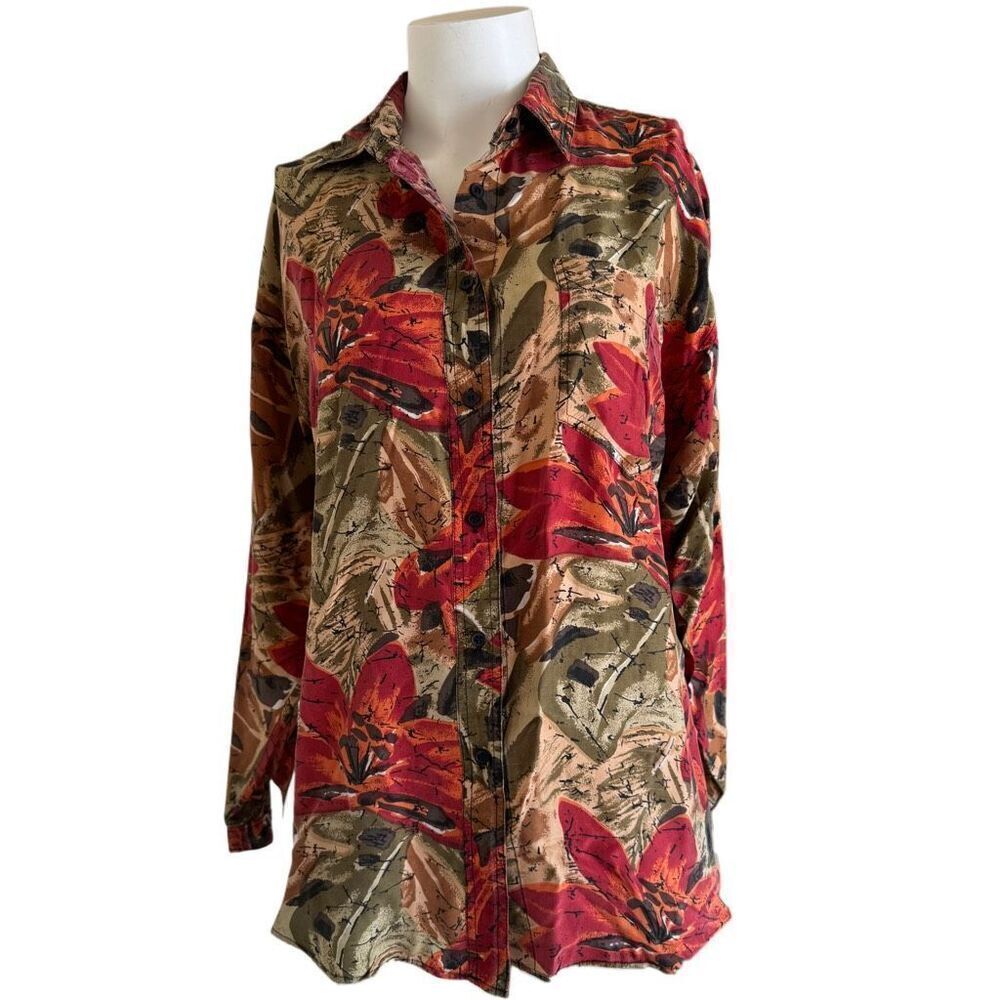 Pro Vision women’s M red lily vintage floral button up 90s silky